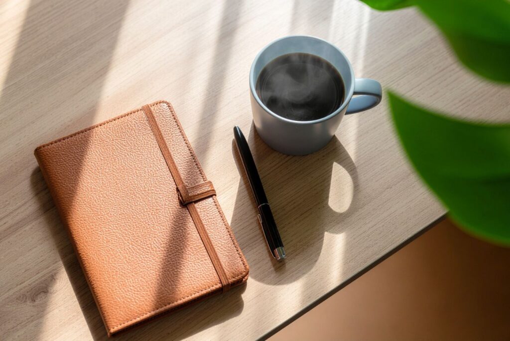 Coffee, notebook, and pen on wooden taable